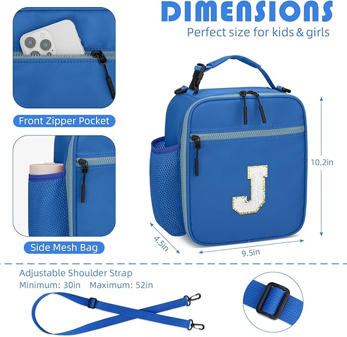 Initial Insulated Lunch Bag for Boys Kids, Back to School Gift, Reusable Leak-proof Lunch Box with Adjustable Strap for School Daycare Travel Picnic（Blue，J）