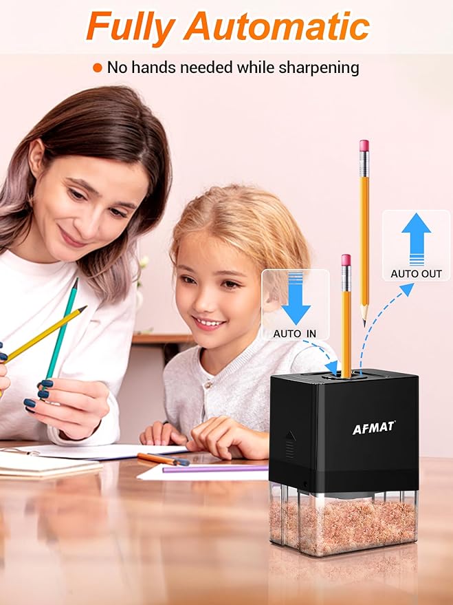 AFMAT Fully Automatic Electric Pencil Sharpener, Small Colored Pencil Sharpener, Hands Free Pencil Sharpeners for 8mm Pencils, Good for Artists, Kids Friendly, Battery Operated PSA8