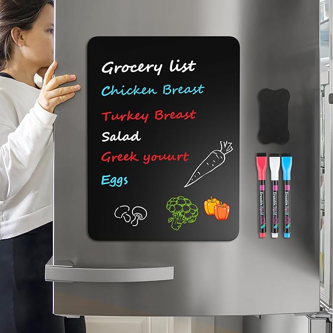 MaxGear Magnetic Black Dry Erase Board Sheet 12"x8" for Refrigerator, Small Fridge Magnetic Whiteboard for Kitchen, Fridge Shopping List for Family Planner and Grocery List, 3 Chalk Markers, 1 Eraser