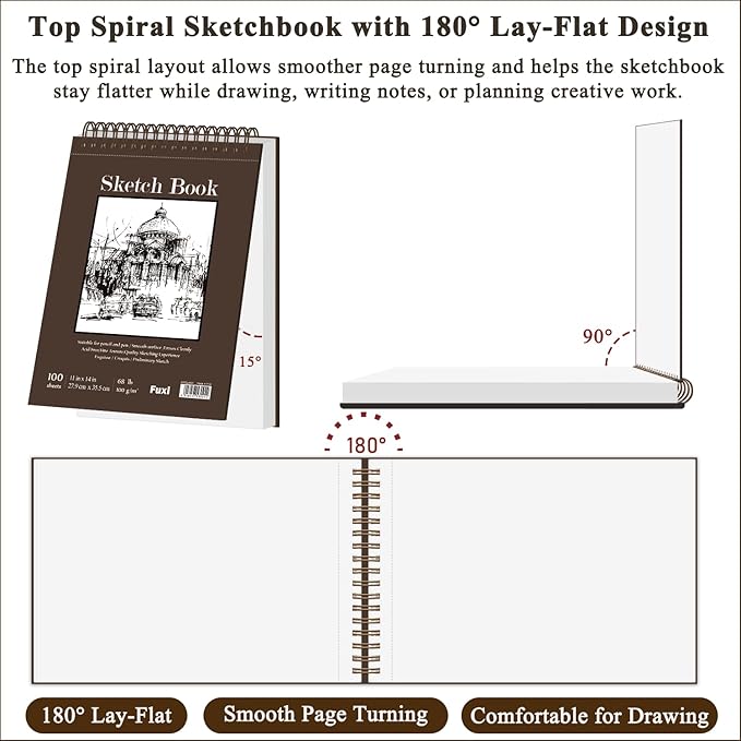 Sketch Book 11 x 14”, 100 Sheets Top Spiral Sketchbook, 68lb /100gsm Drawing Paper Pad, Sketch Pads for Drawing for Adults, Large Sketchbook.