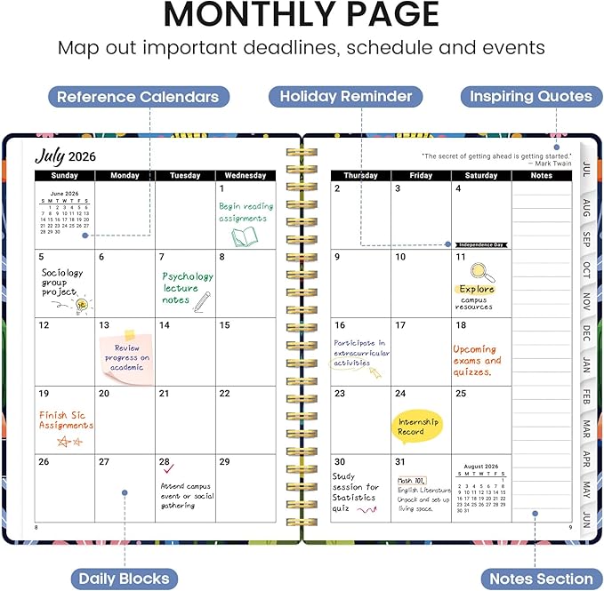 Planner 2026-2027, Academic Monthly and Weekly Calendar Planner for Women, July 2026 - June 2027, Hardcover Pretty Agenda Planner Book with Tabs, Spiral Daily Organizer for School Office Home Supplies, 6.3" x 8.5" - Bloom Burst