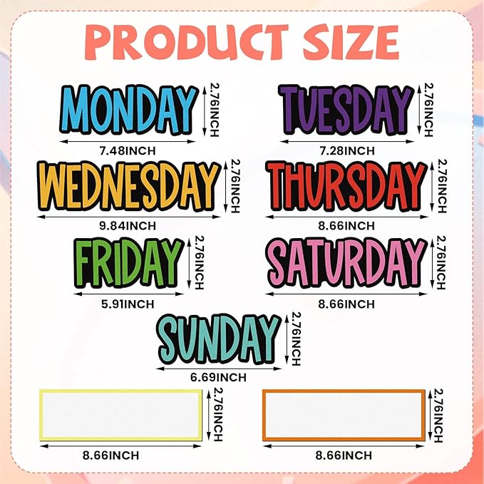 Ireer 9 Pcs Days of the Week Magnets Colorful Magnetic Week Labels for Whiteboard Calendar Headliners Inspirational Cute Decorative Magnets for School Home Locker Whiteboard(Classic)