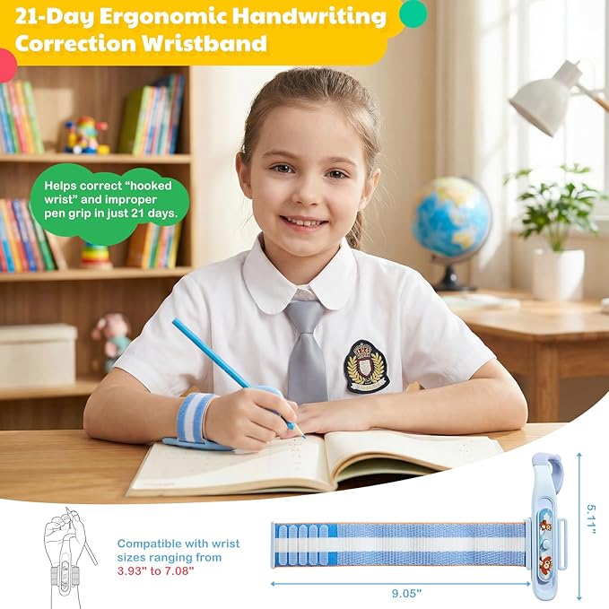 Grips for Pencil for Kids Handwriting, Ergonomic Wrist Support Brace for Kid (Right Hand Only) Adjustable Anti-Hook Writing Posture Correction for Preschooler, Students, Classroom Aid Tool