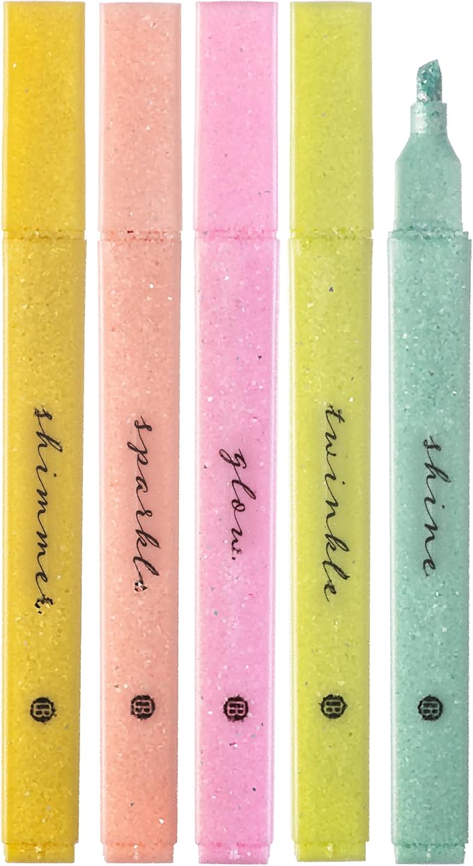DIVERSEBEE Glitter Bible Highlighters with Soft Chisel Tip, 5 Pack Assorted Color Pens No Bleed, Quick Dry, Cute Aesthetic Marker Set for Bible Study Journaling Supplies (Sunshine)
