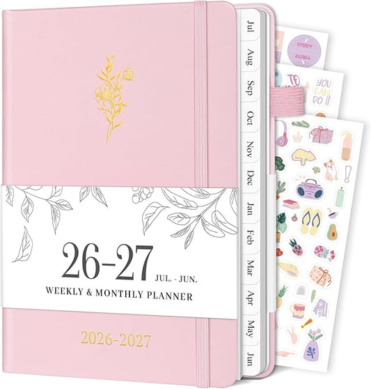 Planner 2026-2027, Weekly and Monthly Planner with Tabs from Jul 2026 - Jun 2027, A5 Hardcover Academic Calendar with Date for School & Office Schedule, 5.8" x 8.3", Pink
