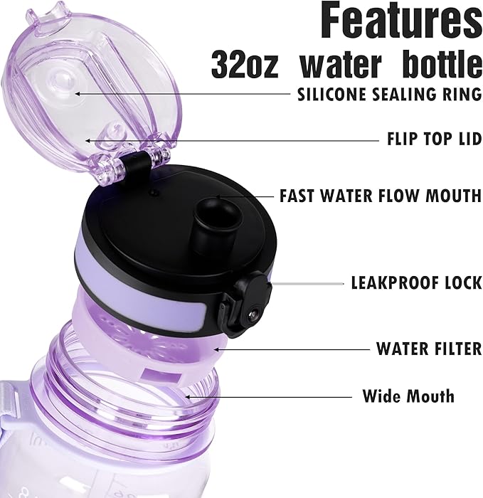 OLDLEY Water Bottle, 32oz Motivational Sports Water Bottle with Time Marker - Times to Drink - Tritan, BPA Free, Wide Mouth Leakproof,Anniversary Birthday Gifts for Men Women, Amethyst (1 Bottle)