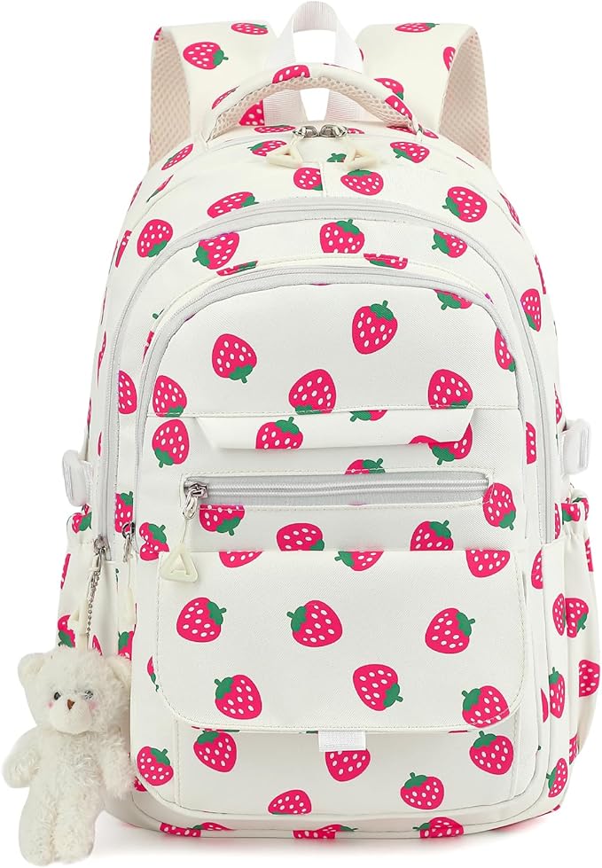 PRLINJSK Girls Backpack for College High Middle School Student, Cute Aesthetic Bookbag for Teens Women with Accessories, Beige Strawberry