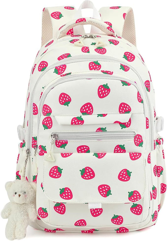 PRLINJSK Girls Backpack for College High Middle School Student, Cute Aesthetic Bookbag for Teens Women with Accessories, Beige Strawberry