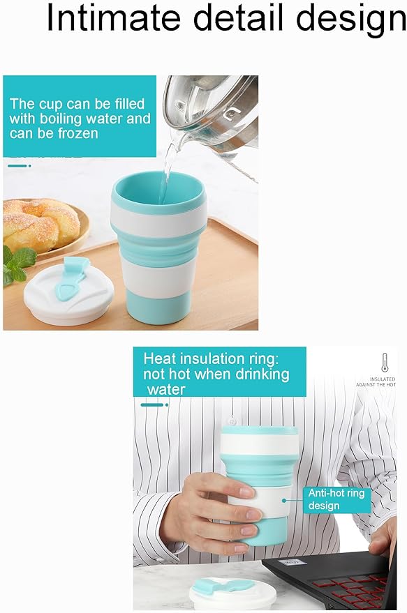 Collapsible Cup for Traveling and Camping with Lid Reusable Portable Coffee Mug Hot and Cold Drinks Leakproof Eco friendly Silicone Lightweight (Large 16oz/500ml, Blue)