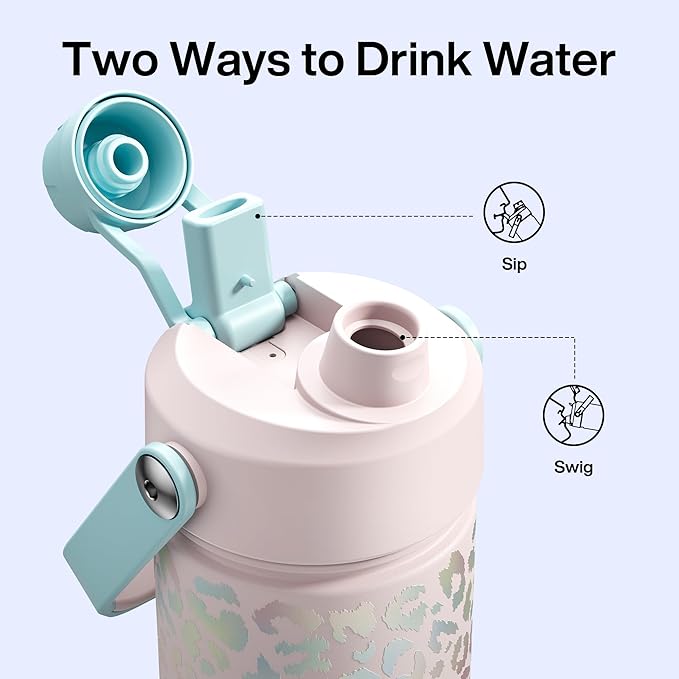 ENCOOL Insulated Water Bottle with Straw Stainless Steel Water Bottle, Leak-Proof, BPA-Free, Double Wall Vacuum Keeps Cold for 24 Hours for Sports, Travel, School (26 oz, Pastel Leopard)