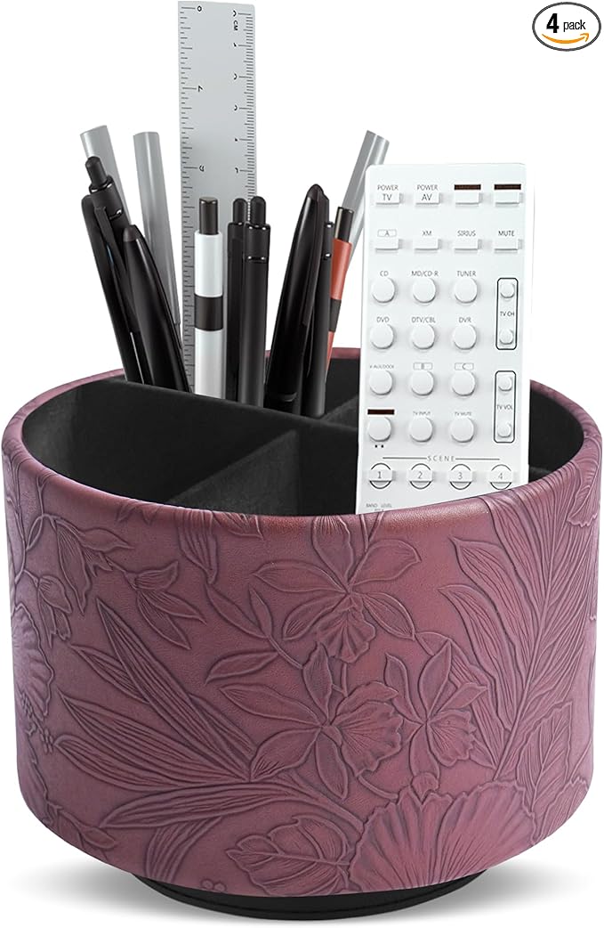 Round Leather Art Supply Organizer,Remote Control Holder,360 Degree Spinning,Multi-Functional Pencil Holder,4 Compartments Desktop Stationary Organizer(1-Carved Dark Brown)
