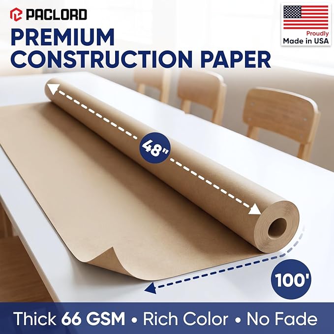 Natural Kraft Brown Construction Paper Roll 48" x 100 ft – Made in USA – 48" Bulletin Board Paper for Classroom & School, Teachers & Kids