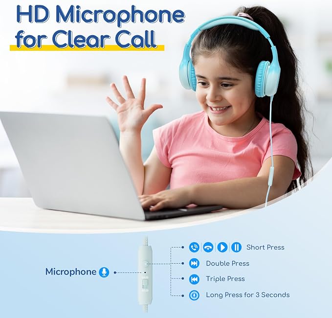 EarFun K1 Kids Headphones Wired with Microphone, 85/94dB Volume Limit Headphones for Kids, Portable Wired Headphone with Shareport, Stereo Sound Foldable Headset for School/Tablet/iPad, Sky Blue