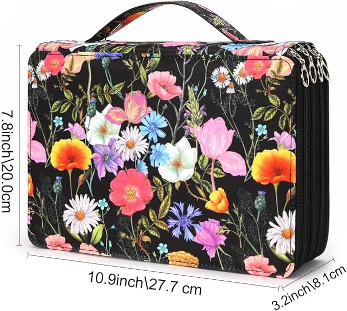 Vomgomfom 200 Slots Pencil Bag, 4-Layer Zipper Portable Art Supply Organizer, PU Leather Large Capacity Colored Pencil Case with Handle for 200 Watercolor Pens, Gel Pens (Black Flower)