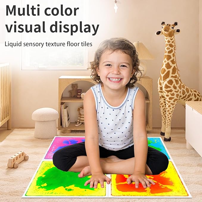 Liquid Sensory Floor Tiles for Kids: 12x12 Inch Active Play Mats for Kids Non-Toxic Leakproof - Non-Slip Color-Changing Pads Stress Relief & Motor Skills Toys for Autism Room