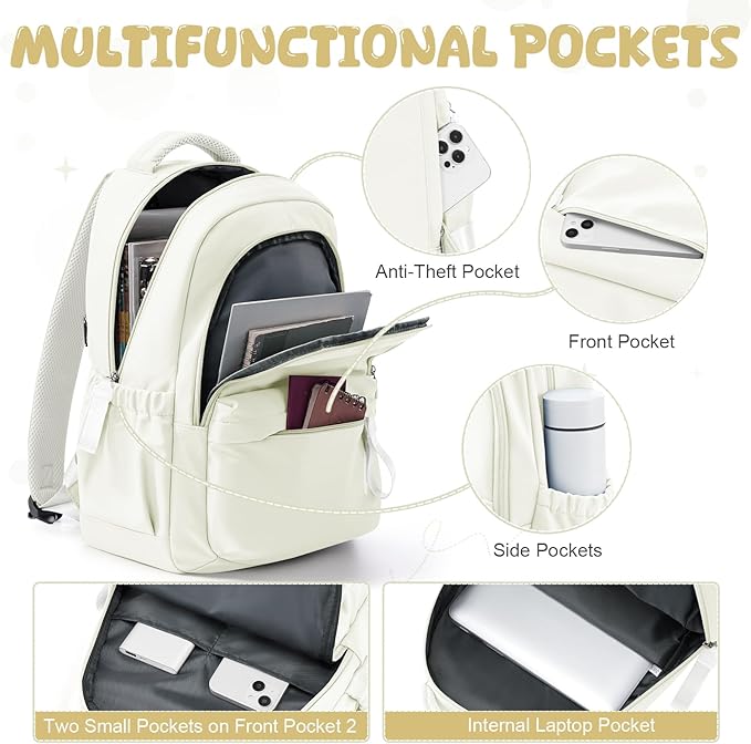 winspansy Small Backpack For School Girls Boys Aesthetic Lightweight Travel Daypack Simple Cute Backpack For Women Men College High School Bookbag Fit 14 Inch Laptop,Beige