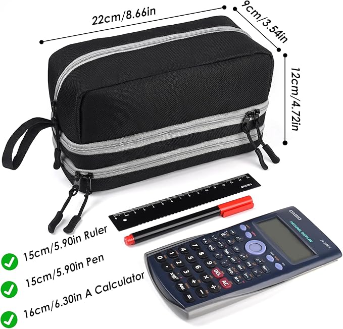 Genteen Large Capacity Pencil Case,Multifunction Pencil Pouch,Pencil Bags with Zipper 3 Compartments Pencil case organizer for or School Teen Girl Boy Men Women（Black）