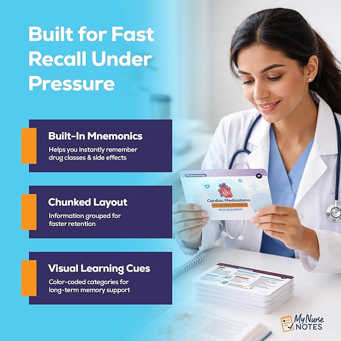My Nurse Notes Pharmacology Flashcards for NCLEX – 99 Color-Coded Study Cards for RN & PN Nursing Students | High-Yield Medications, Built-in Mnemonics, Nursing Considerations & Fast Recall Design