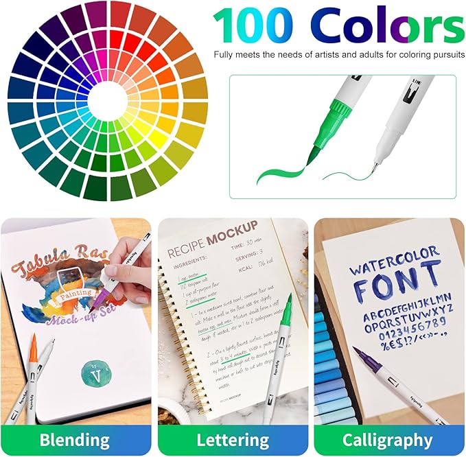 Eglyenlky Markers for Adult Coloring, 100 colors Dual Brush Pens Art Coloring Pens with Fine Tip and Brush Tip for Adult Kids Drawing Lettering Calligraphy (White Set)