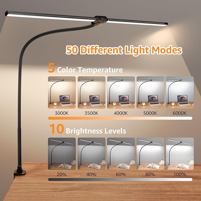ShineTech LED Desk Lamp, 31.5" Ultra Wide Double Head Architect Light with Clamp, 50 Adjustable Lighting Modes, Eye-Caring Bright Task Lamp for Home Office, Large Monitor, Memory & Auto-Off Timer