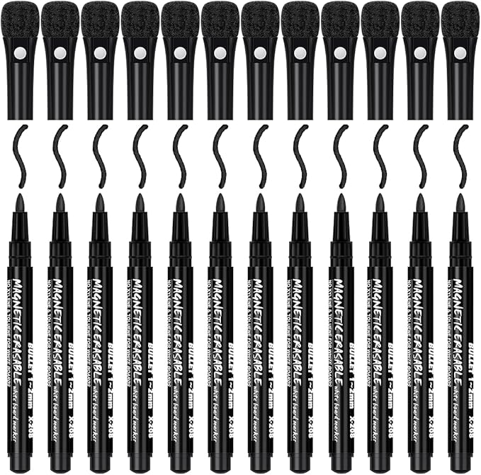 JR.WHITE Dry Erase Markers Fine Tip, White Board Markers Dry Erase with Eraser Cap, Magnetic Dry Erase Markers Black Thin Dry Erase Markers Low Odor for Teachers Office & School Supplies
