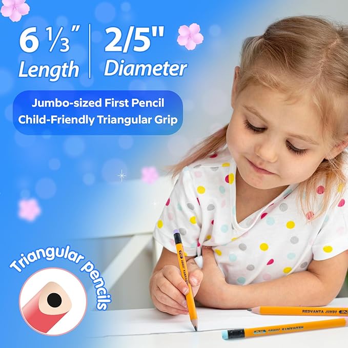 Jumbo HB Pre-sharpened Pencils #2 for Toddlers Preschoolers First Writing, Thick Triangular Grip Fat Pencils with Latex-Free Erasers, Break-Resistant, Back to School Supplies, 12 Count