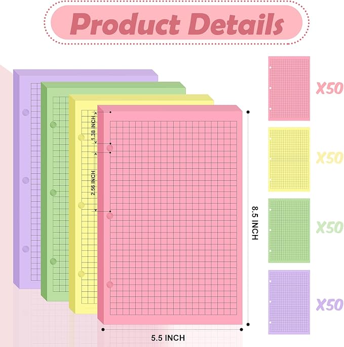 200 sheet Half Letter Graph Paper Refill 3 Hole Punch 5-1/2 x 8-1/2 College Ruled Grid Paper Pad Math Graph Paper Pad Colored Mini Binder Paper Planner Inserts Fits 3 Ring Binders For Office