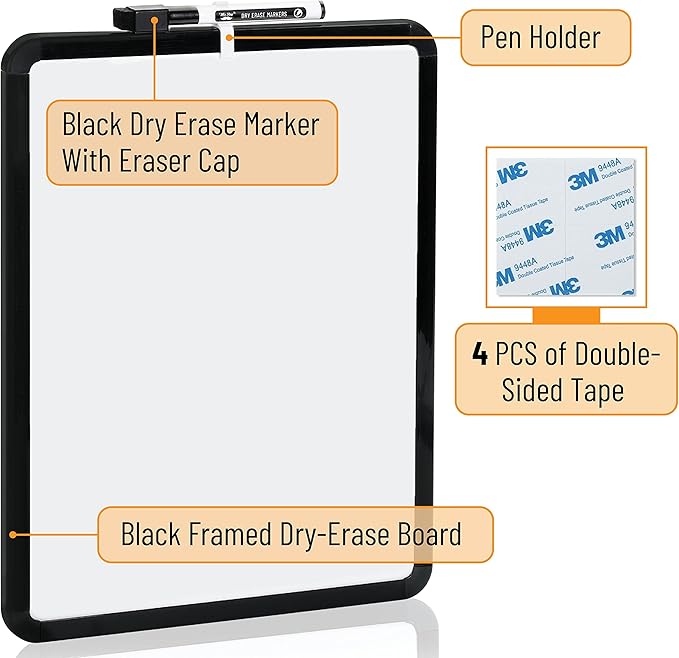 Mr. Pen- Dry Erase Board, 14” x 11” with a Black Dry Erase Marker, Black Frame, Small Mini White Board for Students, Fridge, Wall, Locker, Includes Double Sided Tapes