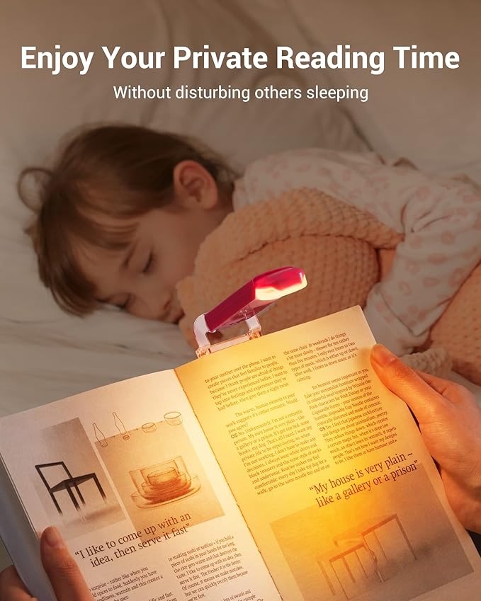 DEWENWILS Amber Book Light, USB Rechargeable Book Light for Reading in Bed, 3 Brightness Levels, Blue Light Blocking, LED Clip-on Reading Light for Kids, Bookworms (Pink)