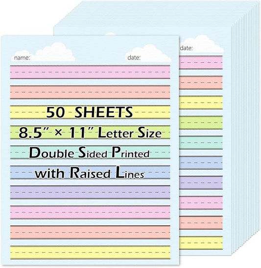 50 Sheets Multi-Color Raised Line Paper for Handwriting Practice, Wide Ruled Kindergarten Writing Paper, Double Sided, 8.5x11 inches