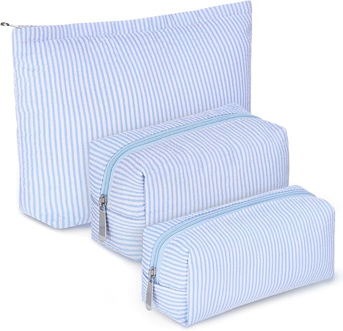 Huhumy 3 Pcs Makeup Bag Set Cute Stripe Cosmetic Pouch for Women Aesthetic Seersucker Travel Toiletry Bag Set Preppy Small Makeup Purse Pouch Cosmetic Organizer Pencil Case with Zipper(Blue)