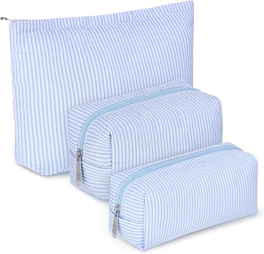 Huhumy 3 Pcs Makeup Bag Set Cute Stripe Cosmetic Pouch for Women Aesthetic Seersucker Travel Toiletry Bag Set Preppy Small Makeup Purse Pouch Cosmetic Organizer Pencil Case with Zipper(Blue)