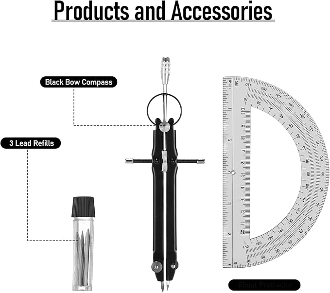 EBOOT Student Geometry Math Set, Metal Drawing Compass and 6 Inch Clear Swing Arm Protractors 180 Degree Math Protractor(Black and Black)