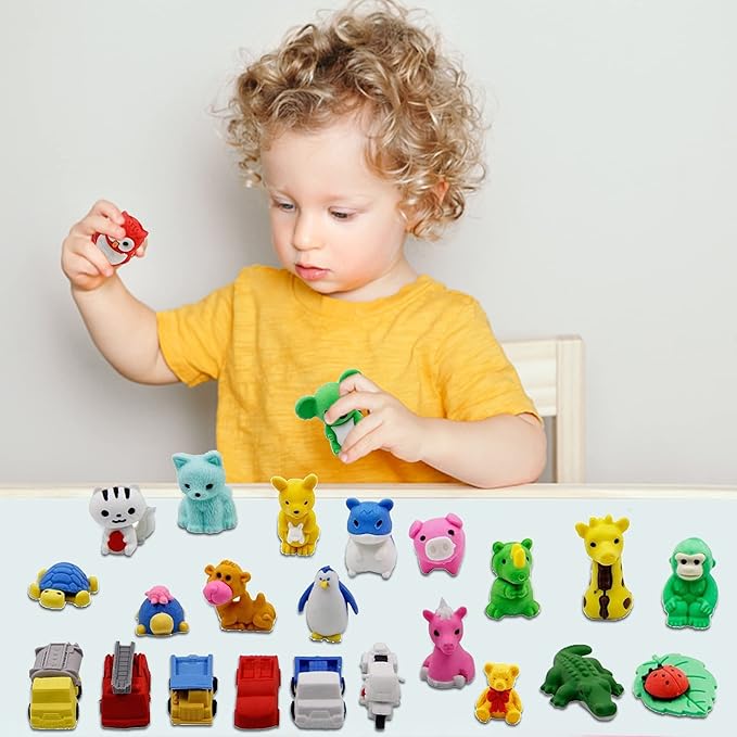 Cllayees 72 Pcs Assorted Animal Pencil Erasers Desk Pets, Bulk Mini Pencil Erasers Gifts for Classroom Prizes Reward Goodie Bag Easter Egg Fillers Party Favors (Animal and Car)