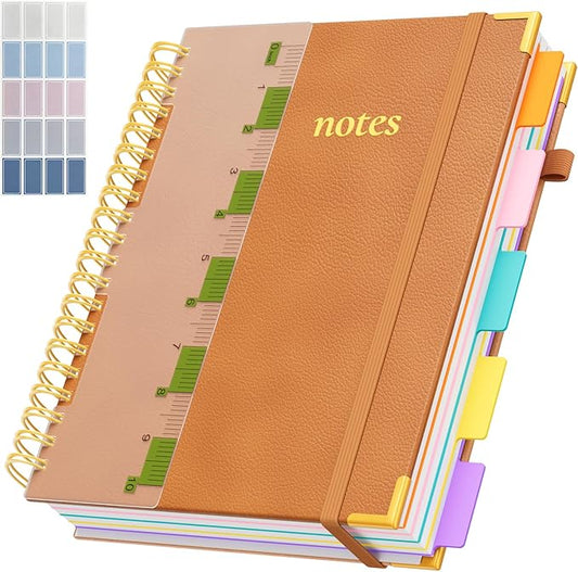 XYark A4 Hardcover Spiral Notebook, 8.5"x11" College Ruled Notebooks with Removable Dividers Tabs & Ruler, 5 Subject Notebook 300 Pages, Large Lined Journal for Women Men School Work Office, Orange