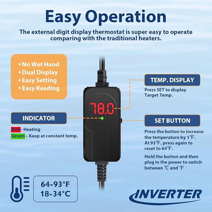 AquaMiracle Submersible Aquarium Heater with LED Digital Temp Display, Fish Tank Heater with Dry-Run & Over-Temp Protection, for Freshwater Saltwater Aquariums(300W/40-75Gal)
