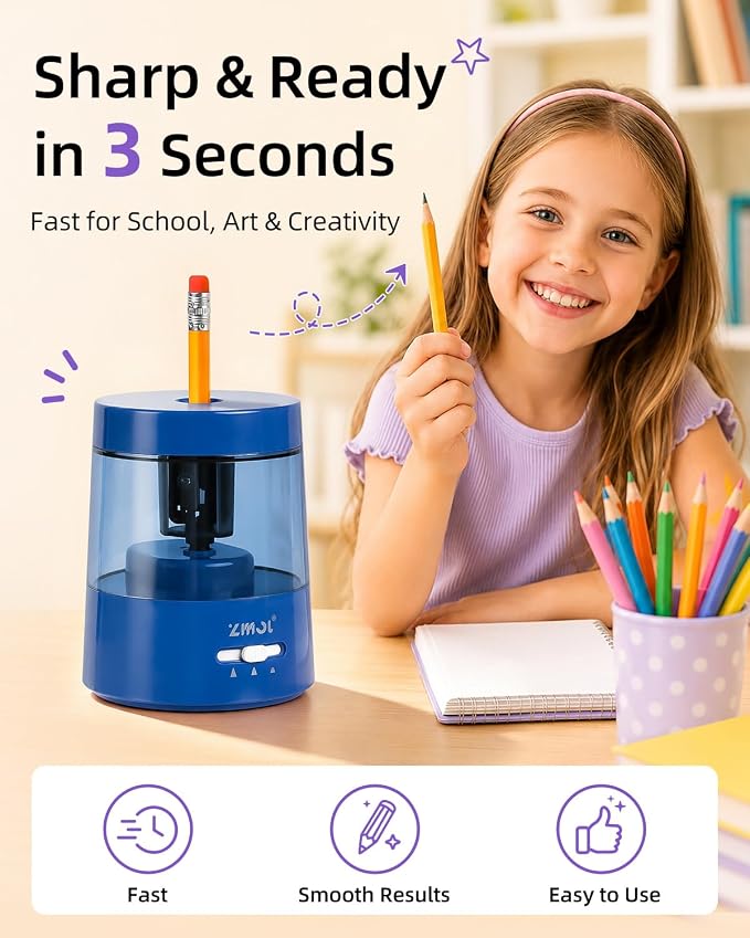 ZMOL Electric Pencil Sharpener, USB or 2 AA Powered, 6-8mm, Dark Blue