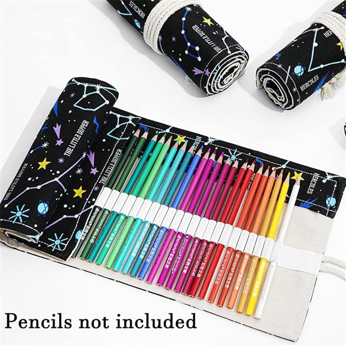 DIYOMR 24/36/72 Slots Pencil Wrap Pencil Rolls, Artist Colored Pencils Roll Up Bag Short Brushes Pouch Case Pencils Organizer for Drawing Coloring and Sketching (Constellation, 36slots)