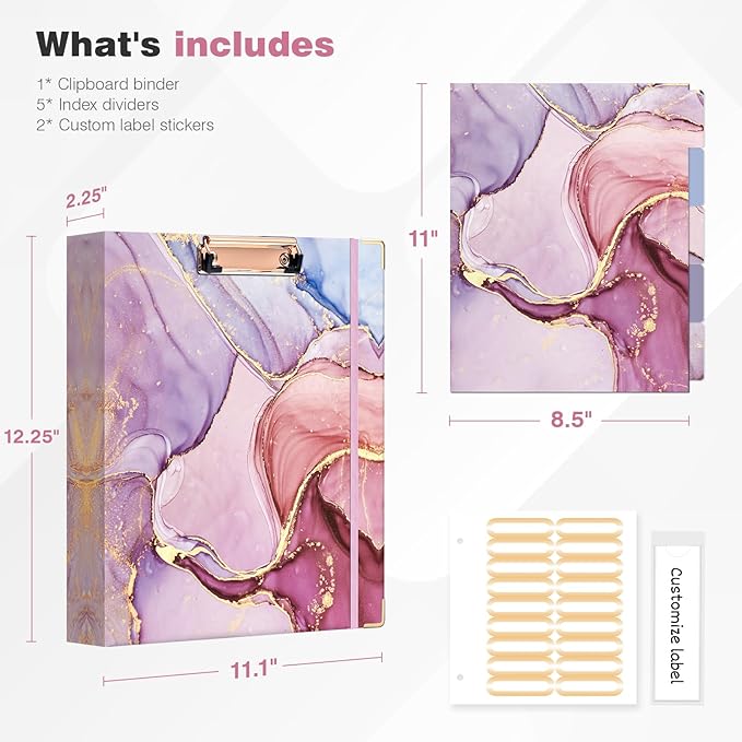 Ospelelf 3 Ring Binder 1.5 Inch, Pink Clipboard Organizer for Letter Size Documents (11" x 8.5") with 5 Tab Dividers, File Folder Labels, Paper Marble Binders for School and Office Supplies