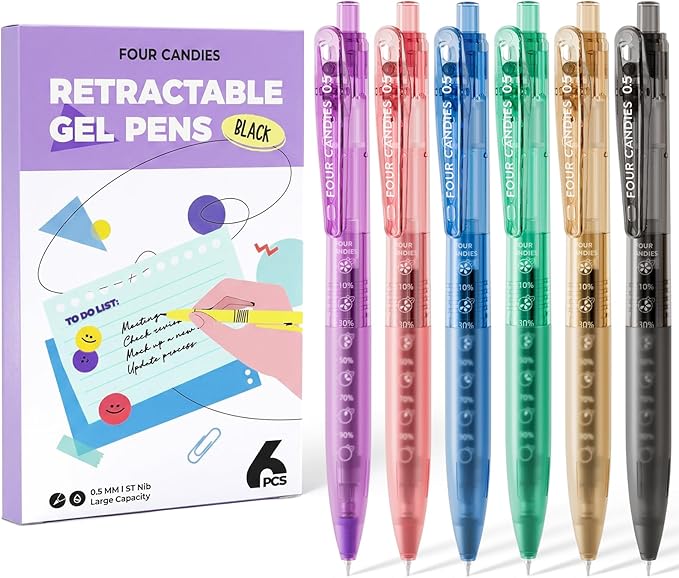 Four Candies 6Pack 0.5mm Black Ink Quick Dry Retractable Gel Pen Set, Cute Transparent Pastel Fine Point Note Taking Aesthetic lnk Pens, Comfort Grip Drawing Writing School Office Home