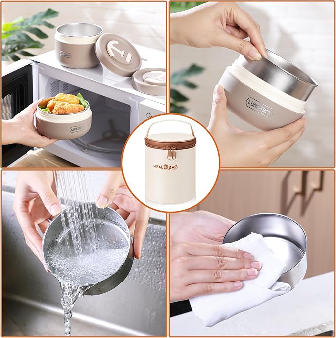 Dandat 2 Pcs Portable Insulated Lunch Containers Thermal Bento Box with Bag Fork Knife Microwavable Stainless Steel Lunch Box 15.2 oz 21 oz Separate Stackable Food Jar for Adult Men Women(Khaki)