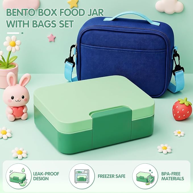 HOMETALL Bento Box for Kids with 8.5oz Insulated Food Jar - Leakproof Bento Lunch Box Kids Lunch Bag Set for Back to School Ages 3 to 14, Lunchbox Snack Containers Reusable On-the-Go Meal Prep,Green