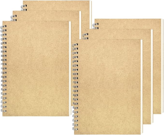 DSTELIN Blank Spiral Notebook, 6-Pack, Soft Cover, Sketch Book, 100 Pages / 50 Sheets, 7.5 inch x 5.1 inch, 100GSM, (Brown)