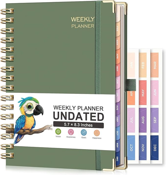 RETTACY Undated Planner, Weekly and Monthly, 53 Weeks and 12 Months, Medium Size (5.7" x 8.3"), 24 Self-adhesive Monthly Tabs, Hardcover, 100 GSM Thick Paper, Spiral-bound (Light Green)
