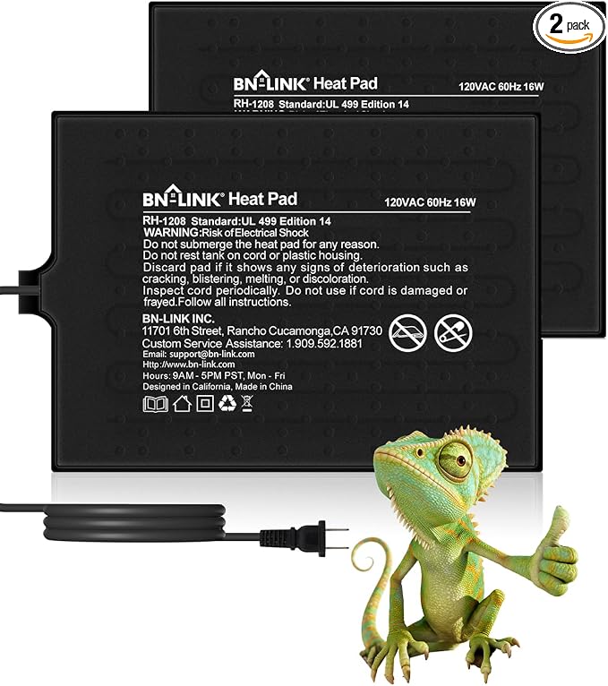 BN-LINK Reptile Heat Pad 8"X12" 16W for 30-40gal Under Tank Terrarium Heating Mat Waterproof for Turtle, Lizard, Frogs, Snake, Hermit Crab 2 Pack
