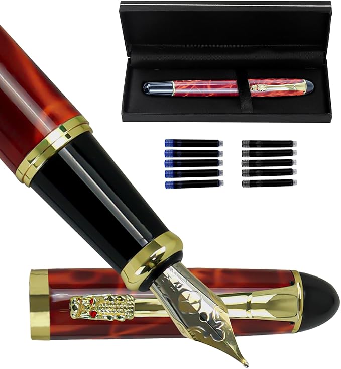YUNCHUN Red Dragon Fountain Pen for Writing, Refillable Luxury Metal Pens, Fancy Ink Pen with 10 Black and 10 Blue Ink Refills, Gift Sets for Men and Women, Business Writing Pen with Marble Grain