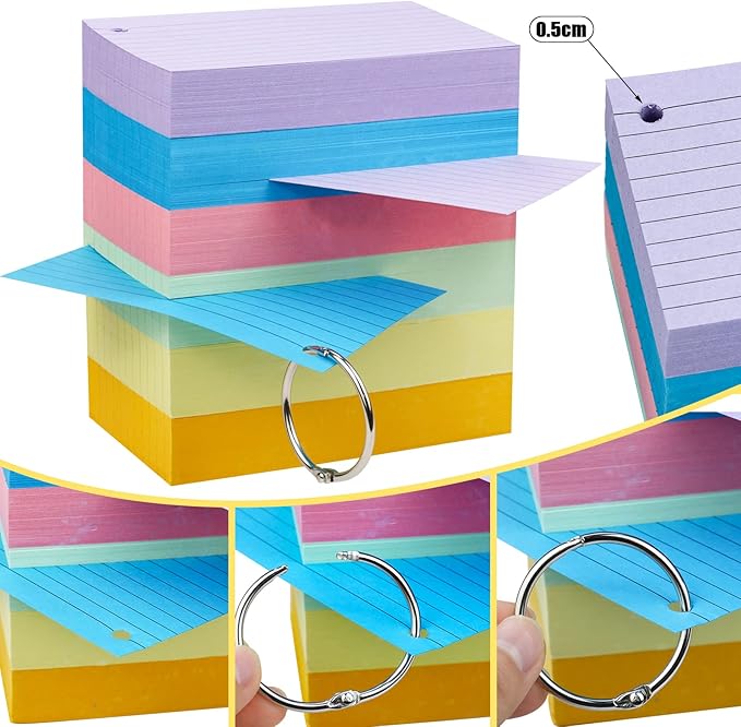 Tecmisse 600 Pieces Index Cards Rulded, Colorful Flash Cards 3 x 5 Index Card with Rings, Heavy Study Cards, Note Cards Punched for School Learning, Office and Home Uses (6-Color Thickened)
