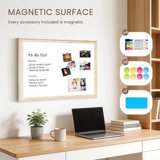 White Board for Wall, 24" x 18" Magnetic Dry Erase Board, Decorative Wooden Frame Large Whiteboard, Wall Mounted, Aesthetic Writing Board for Home, Office, School - Vintage