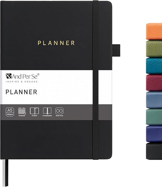 And Per Se Undated Planner, Weekly & Monthly Planner with Goal & Habit Tracker, A5 Leather Hardcover Productivity Journal for Academic Year (Black)