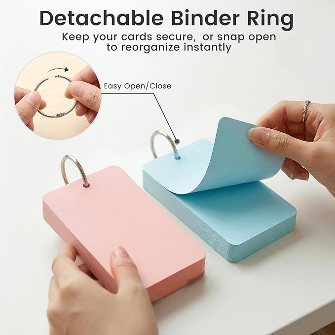 Koogel Index Cards with Ring for Studying, 480 PCS, 3x5 Inch, Colored Flash Cards with Key Ring, Notecard for School College Memory Vocabulary Greeting Memo Home Organization Supplies, 6 Colors